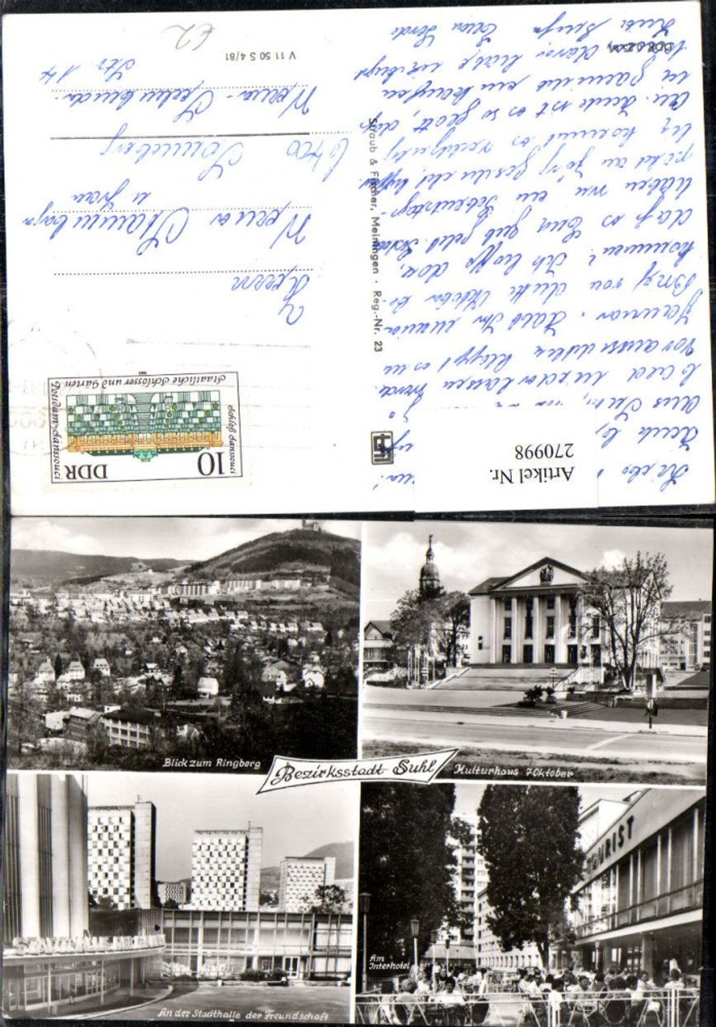 270998,Suhl Kulturhaus Interhotel Stadthalle Blick zum Ringberg Totale Mehrbildkarte