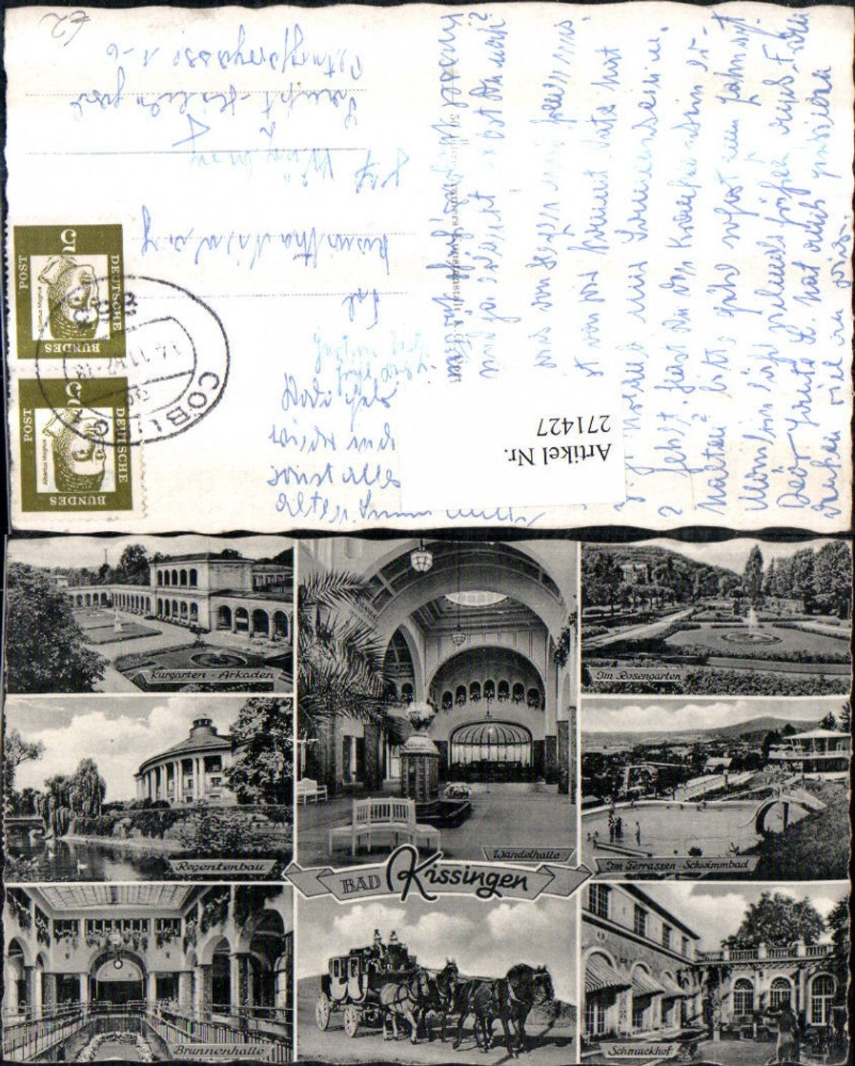 271427,Bad Kissingen Kurgarten Regentenbau Wandelhalle Rosengarten Schwimmbad Pferdekutsche Mehrbildkarte