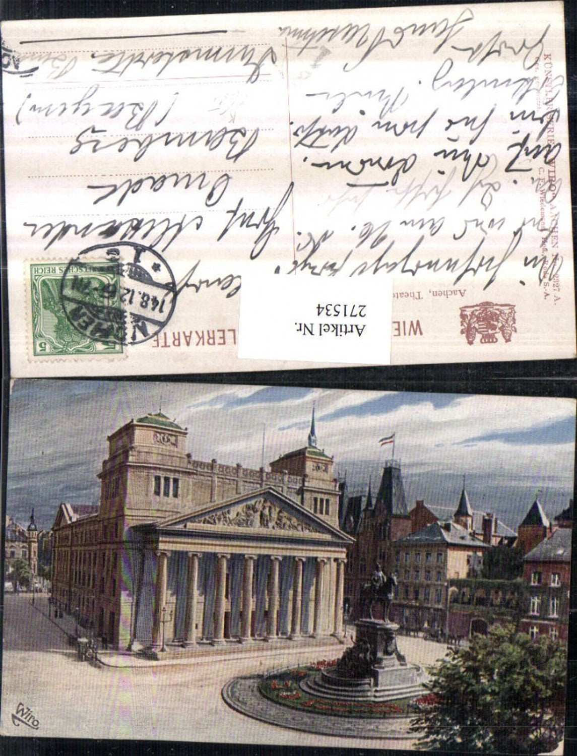 271534,Künstler AK Aachen Theater m. Denkmal pub Wiedemann WIRO 2327 A