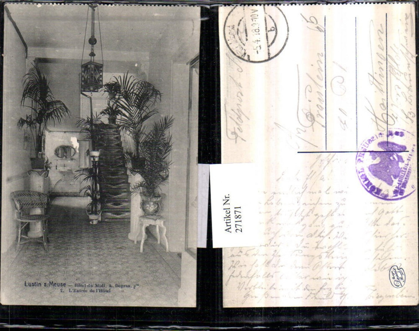 271871,Belgien Lustin sur Meuse Hotel du Midi L'Entree de l'Hotel Eingang Hotel Treppe Pflanzen