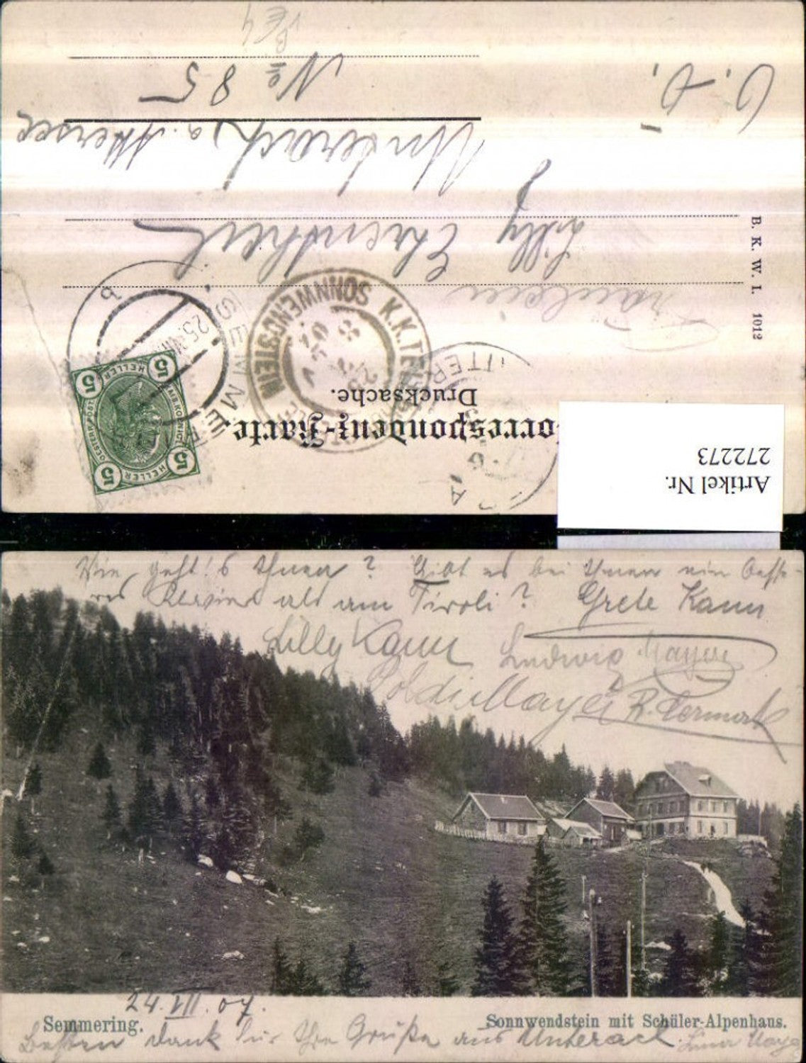 272273,Semmering Sonnwendstein m. Schüler-Alpenhaus pub Brüder Kohn B.K.W.I. 1012