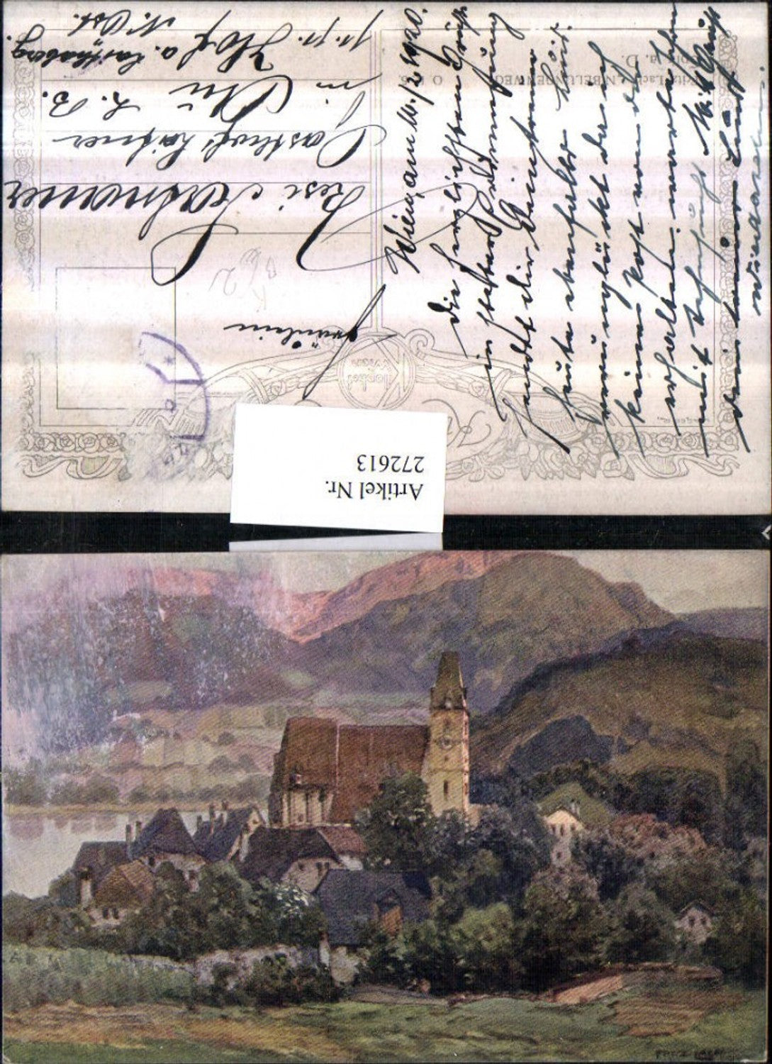 272613,Künstler AK Fritz Lach Spitz an d. Donau Teilansicht Kirche