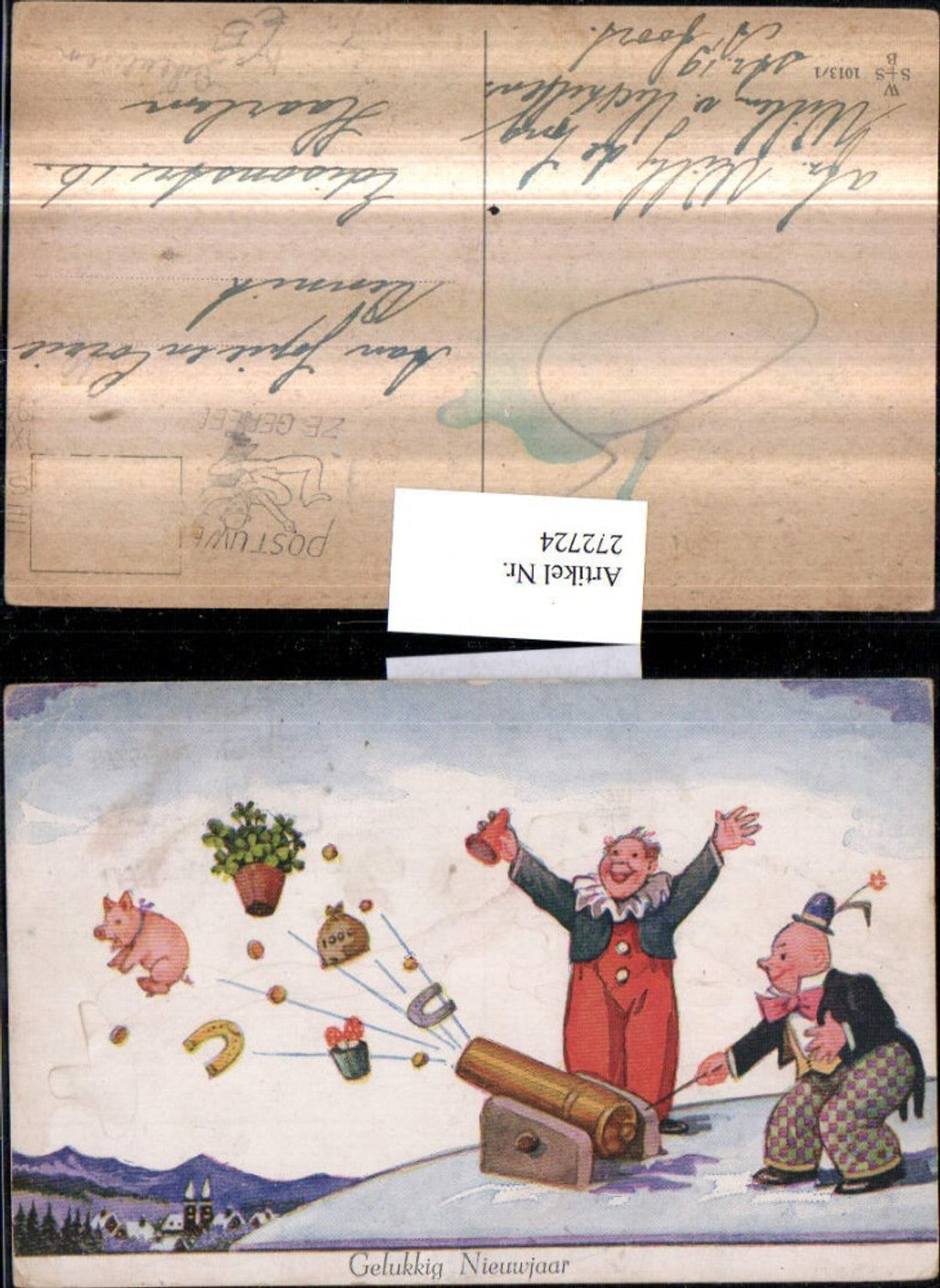 272724, Artist AK Willi Scheuermann John Willis New Year Men Clowns lighting cannon Piglet Horseshoe Clover Coins