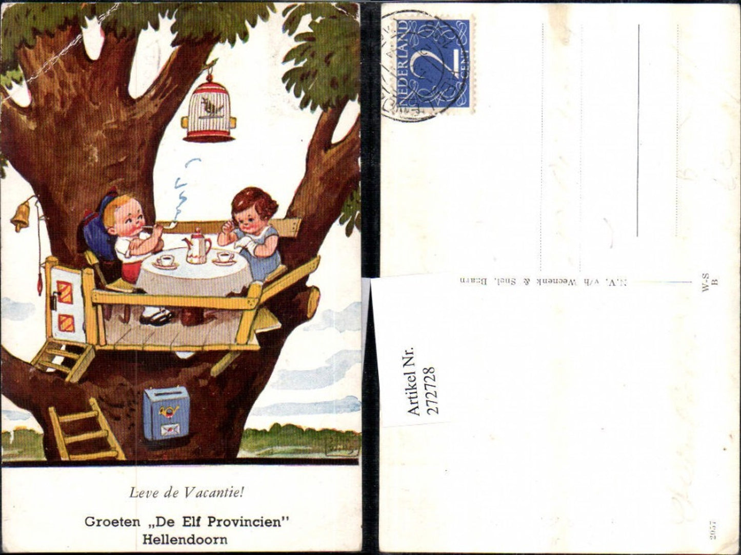 272728,Künstler AK Willi Scheuermann John Willis Kinder Erwachsene Baumhaus Tisch Vogelkäfig Pfeife Glocke Briefkasten