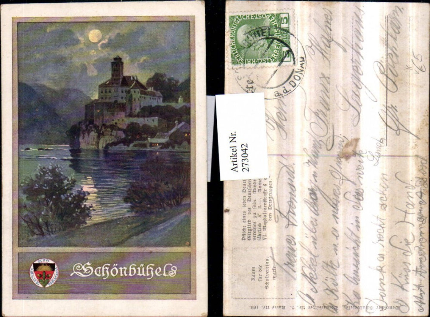273042,Deutscher Schulverein 160 Künstlerkarte Schönbühel Schloss Mondschein