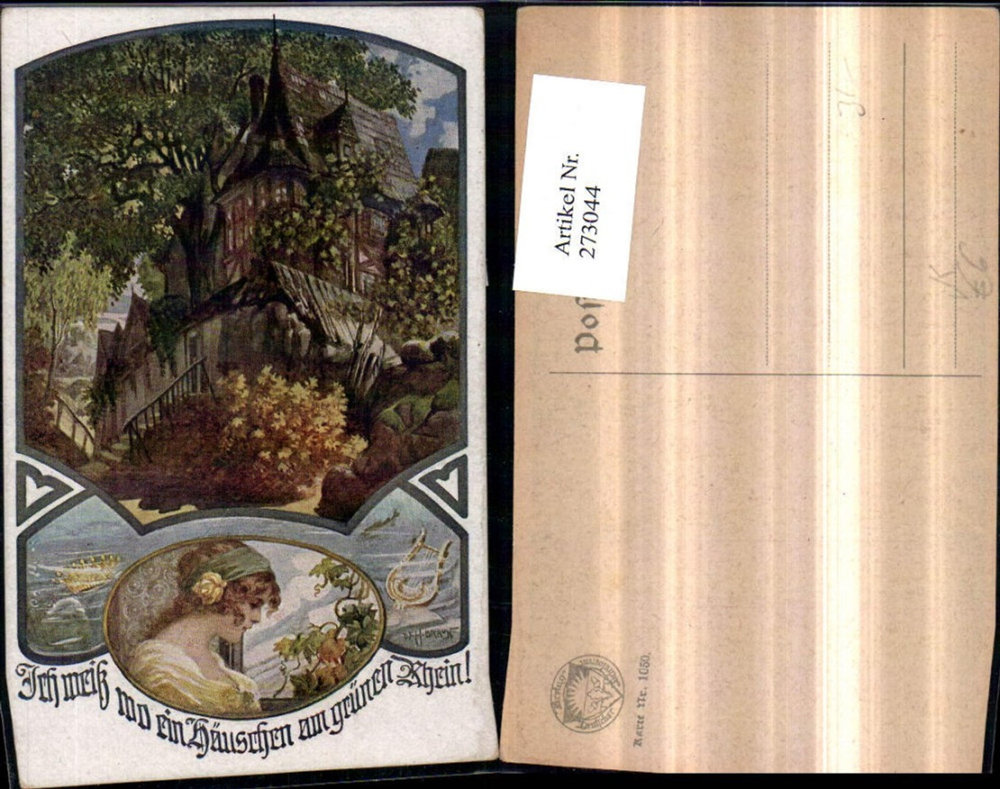 273044,Deutscher Schulverein 1050 Künstler W. H. Braun Häuschen am Rhein Frau Portrait Harfe Krone Mehrbildkarte