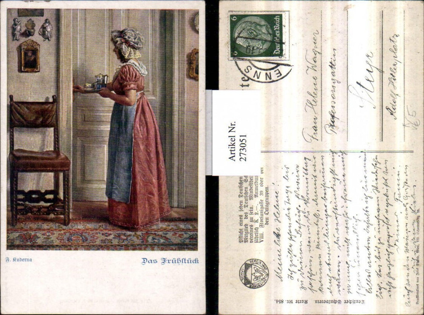 273051,Deutscher Schulverein 854 Künstler F. Kuderna Das Frühstück Frau Mädchen m. Kleid Schürze Tablett Tür