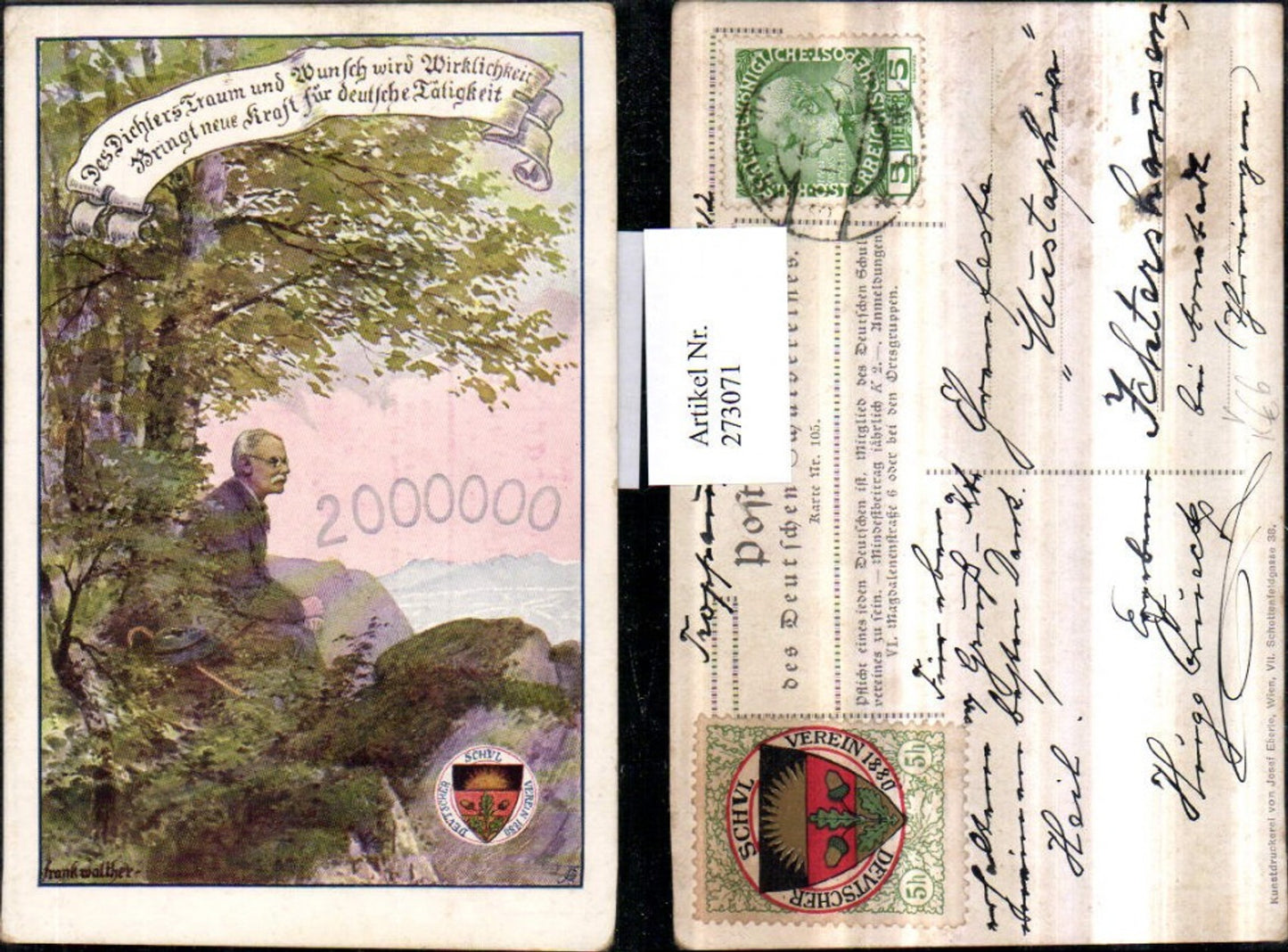 273071,Deutscher Schulverein 105 Künstler Frank Walther Mann m. Brille Hut Bergkulisse Text