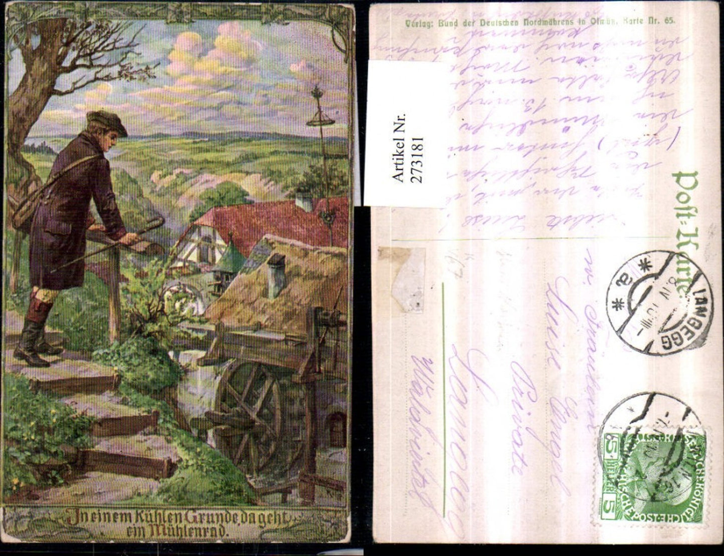273181,Künstler AK Hans Kaufmann Wassermühle Mühle Mann m. Hut Stock Tasche pub Bund d. Deutschen Nordmähren 65