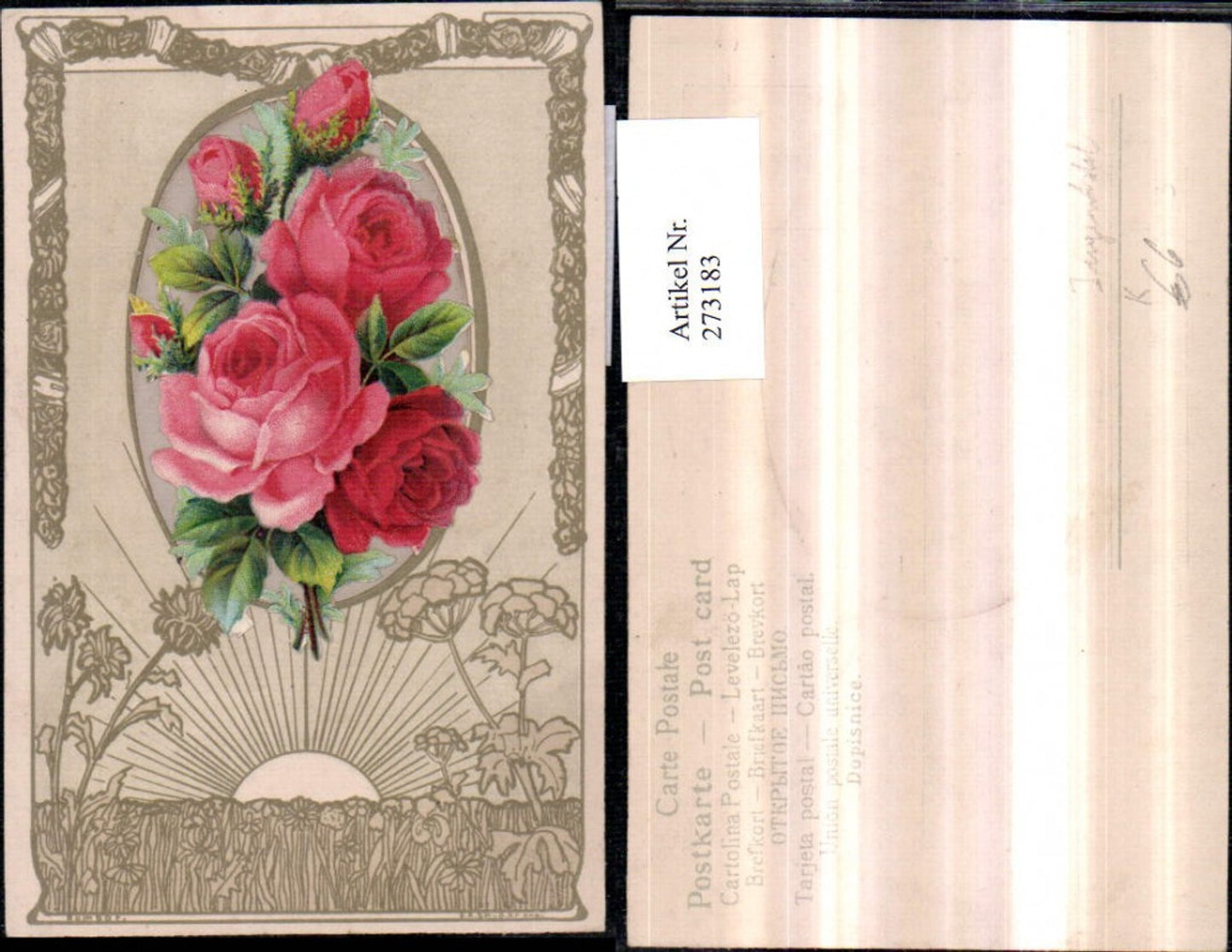 273183,Künstler AK Jugendstil Rosen Rosenstrauß aufgeklebt Passepartout Sonne Blumen