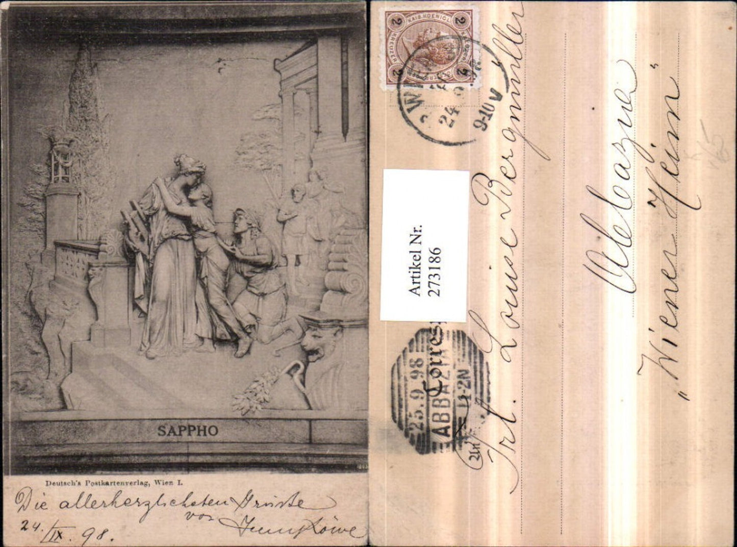 273186, Artist AK Painting Sapho Woman with dress Harp gives woman a kiss on the forehead pub German