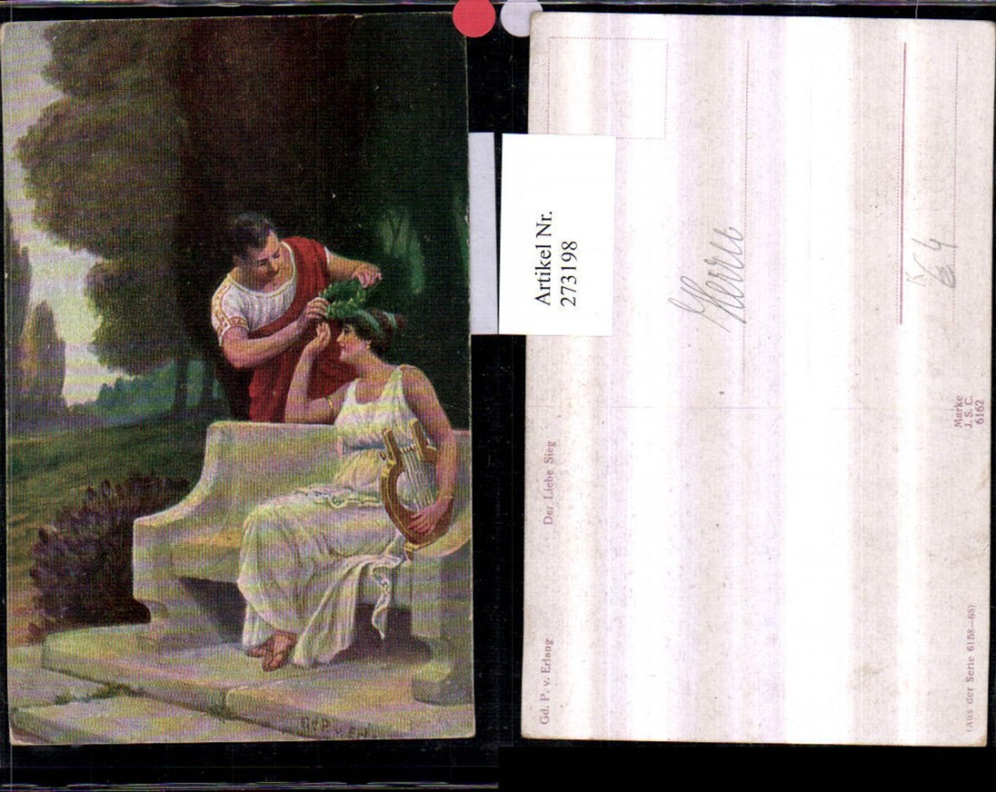 273198,Künstler AK Gd. P. Von Erlang Der Liebe Sieg Liebespaar Frau m. Kleid Harfe Mann m. Lorbeerkranz