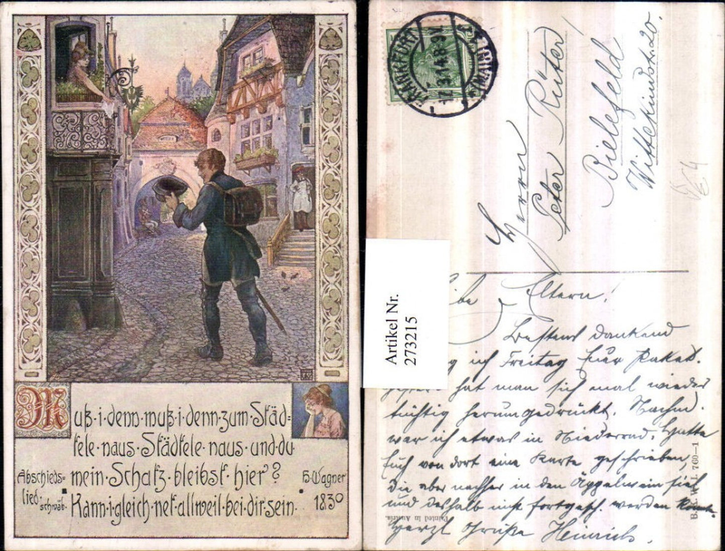 273215,Künstler AK Ort Mann m. Rucksack Hut Stock Abschied Frau am Balkon Straßenansicht Text pub Brüder Kohn 760/1