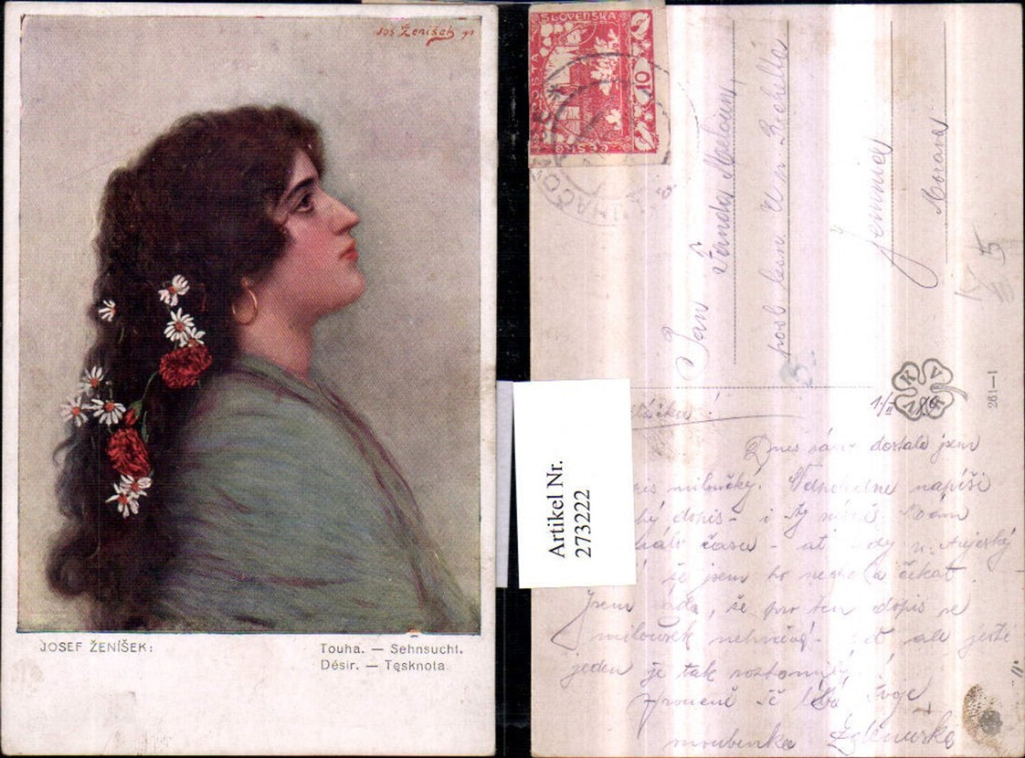 273222,Künstler AK Josef Zenisek Sehnsucht Frau m. Blumen im Haar Ohrring Portrait