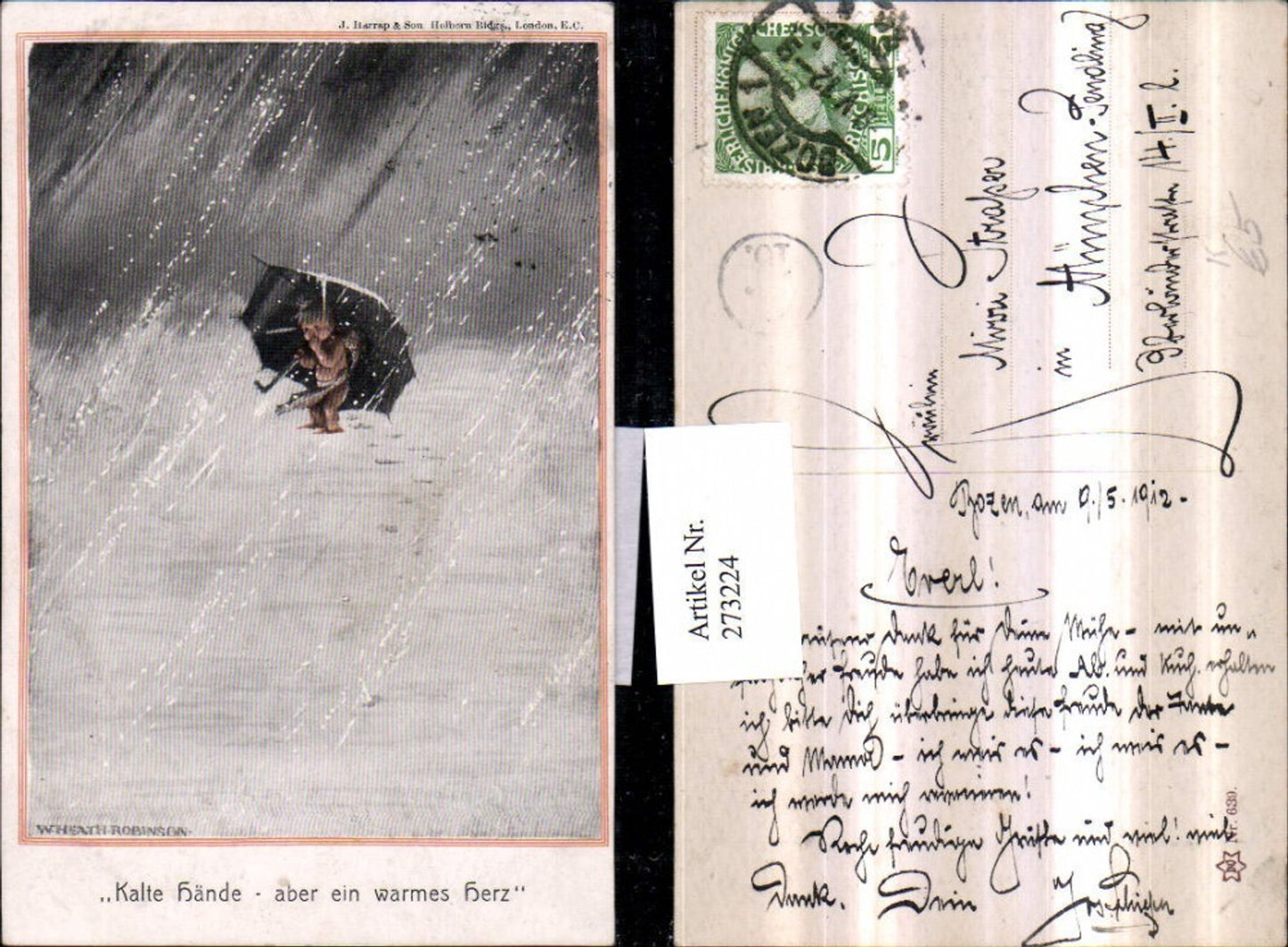 273224,Künstler AK W. Heath Robinson Kalte Hände aber ein warmes Herz Engel m. Schirm Schneesturm Winterbild