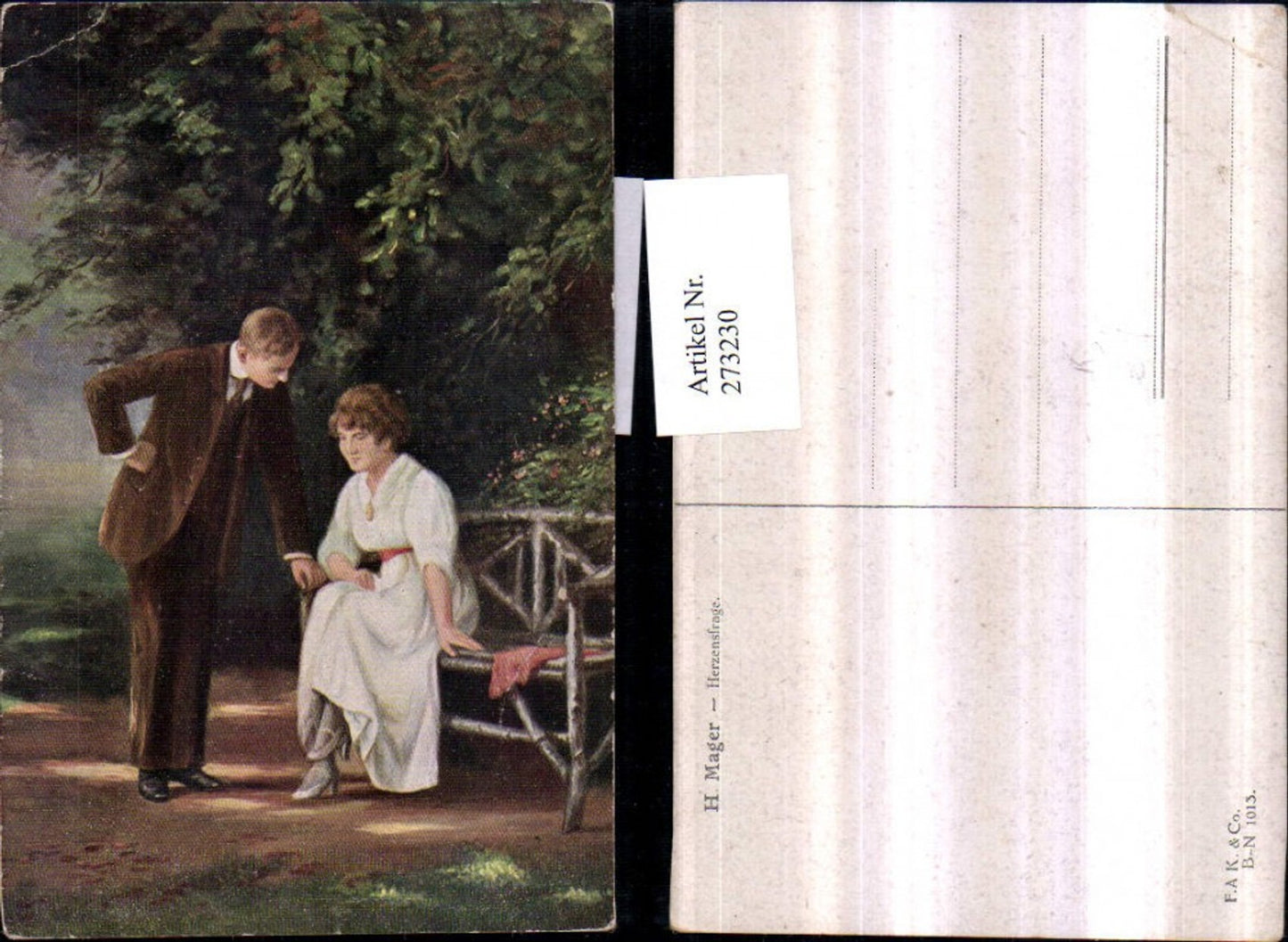 273230,Künstler AK H. Mager Herzensfrage Liebespaar Paar Frau m. Kleid Holzbank Man m. Anzug