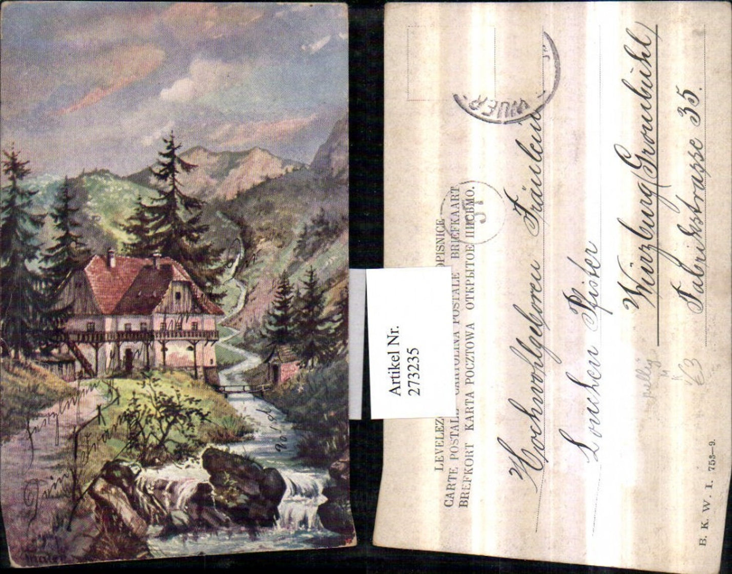 273235,Künstler AK Thaler Hausansicht Bach Fluss Wasserfall Bergkulisse pub Brüder Kohn B.K.W.I. 753/9