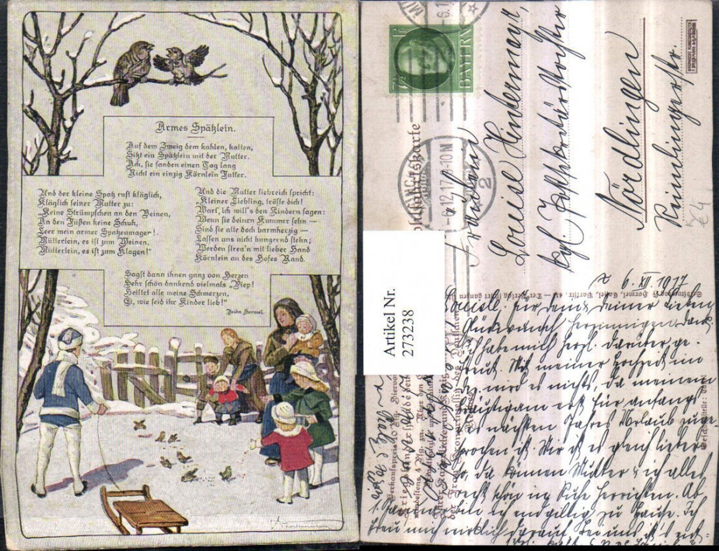 273238,Künstler AK Armes Spätzlein Frauen m. Kinder Rodel Schlitten Vögel Winterbild Text Gedicht von Frieda Hormel