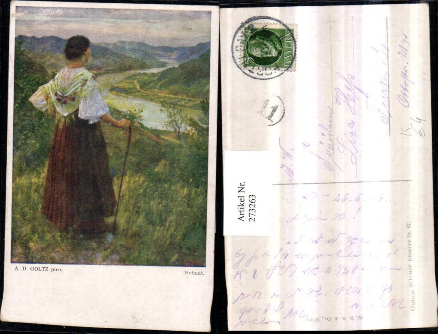273263,Künstler AK A. D. Goltz Heimat Frau in Tracht Tuch Stock Blick ins Tal Fluss