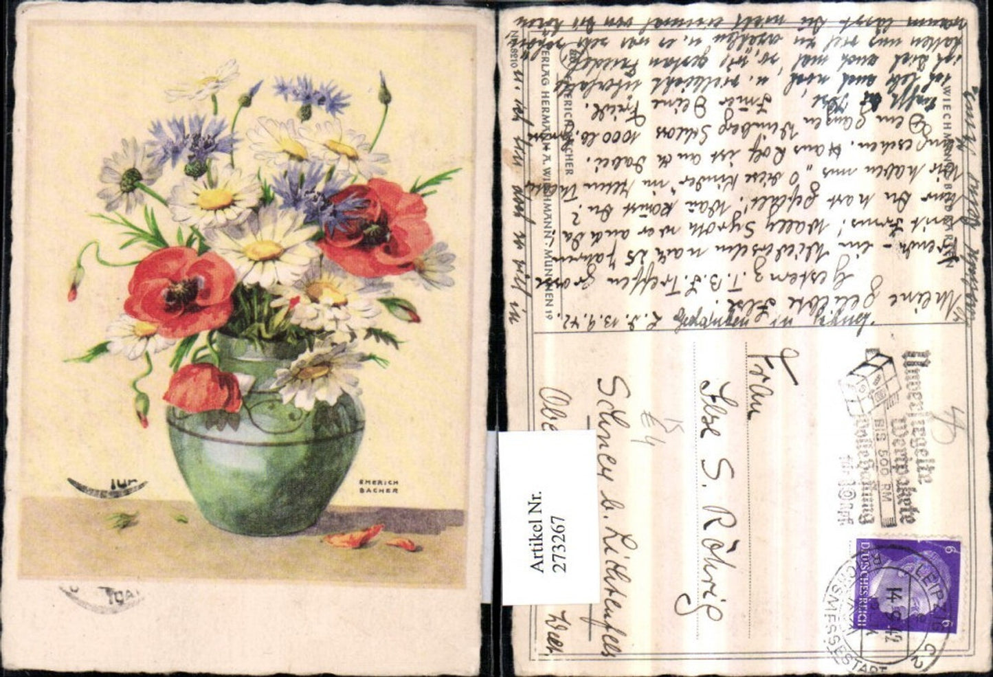 273267,Künstler AK Emerich Bacher Blumenvase Base Blumen Mohnblume Margeriten Kornblume