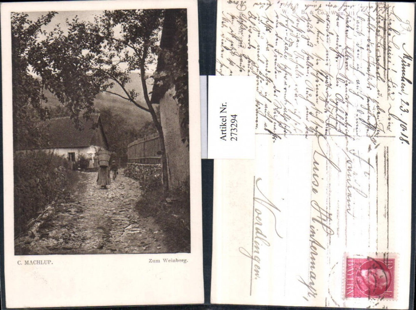 273294,Künstler AK C. Machlup Zum Weinberg Wegpartie Frau m. Eimer