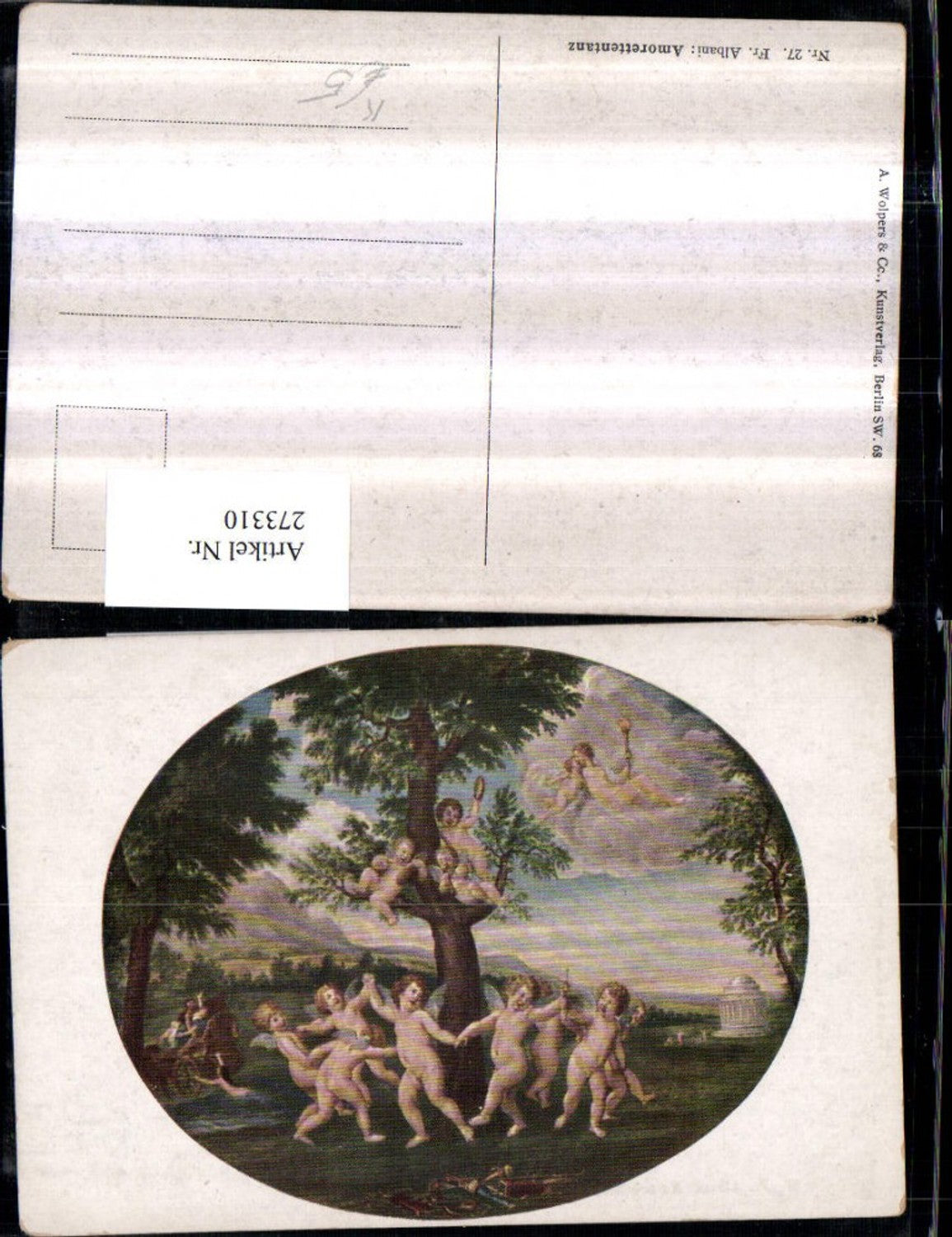 273310,Künstler AK Fr. Albani Amorettentanz nackte Engeln Ringeltanz Baum Passepartout