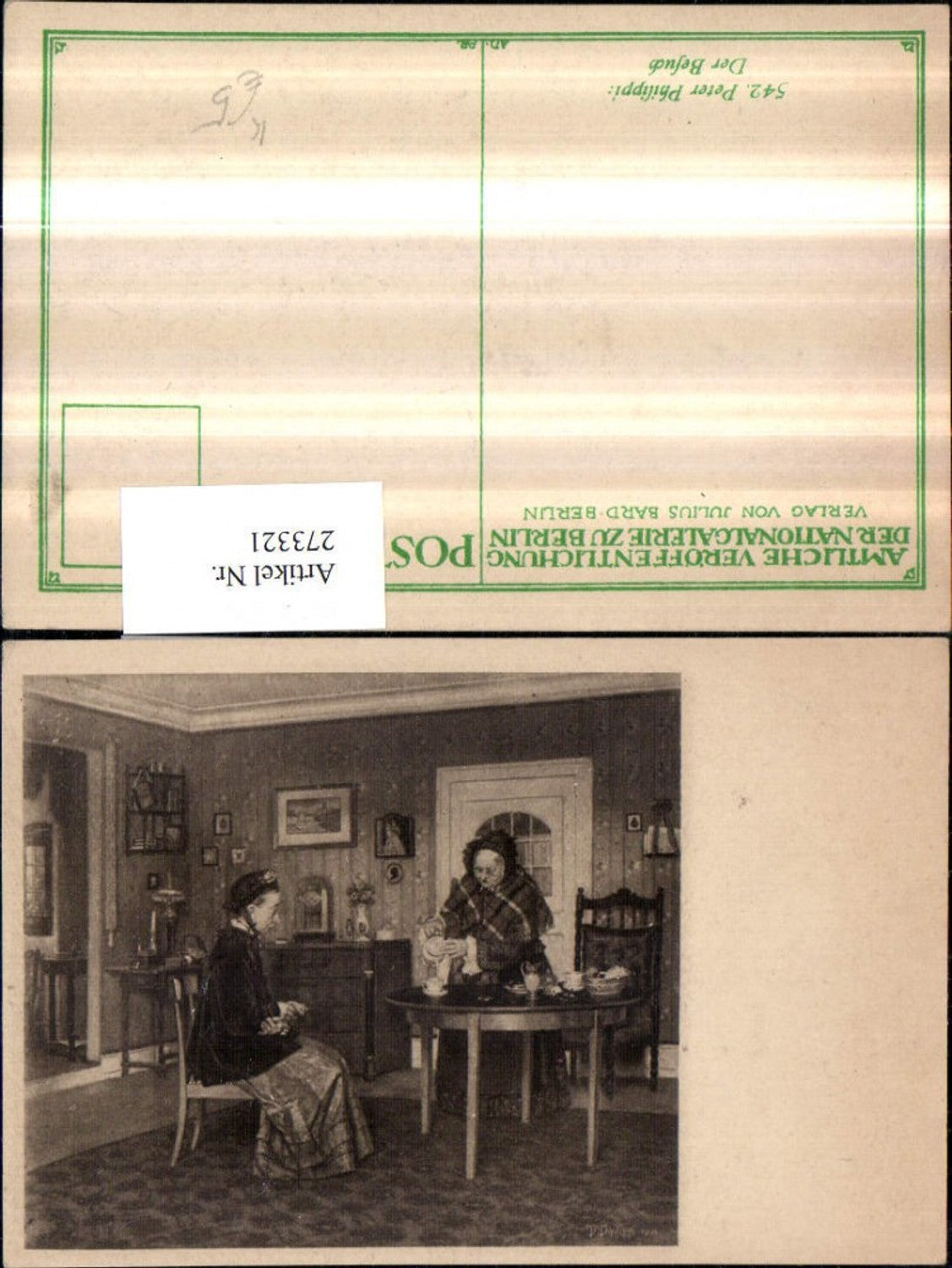 273321,Künstler AK Peter Phhilippi Der Besuch Frauen m. Hauben Kleider Tisch Kanne Tassen Kommode