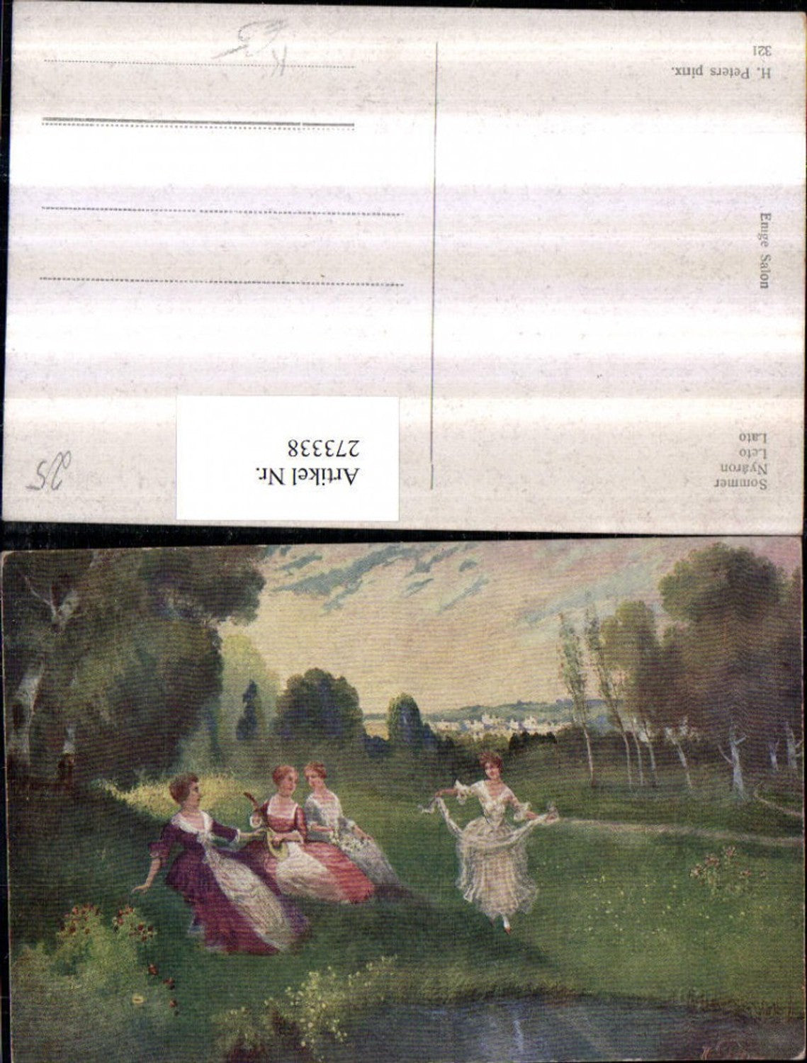 273338,Künstler AK H. Peters Sommer Frauen m. Kleider Laute Landschaft