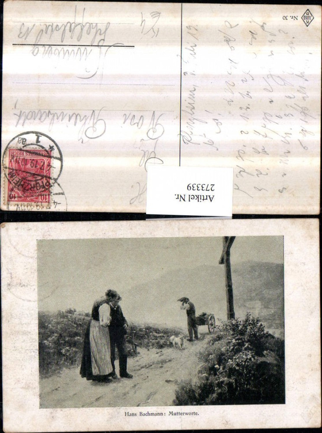 273339,Künstler AK Hans Bachmann Mutterworte Frau in Tracht Mann m. Hut Leiterwagen Hund Wegkreuz Kreuz