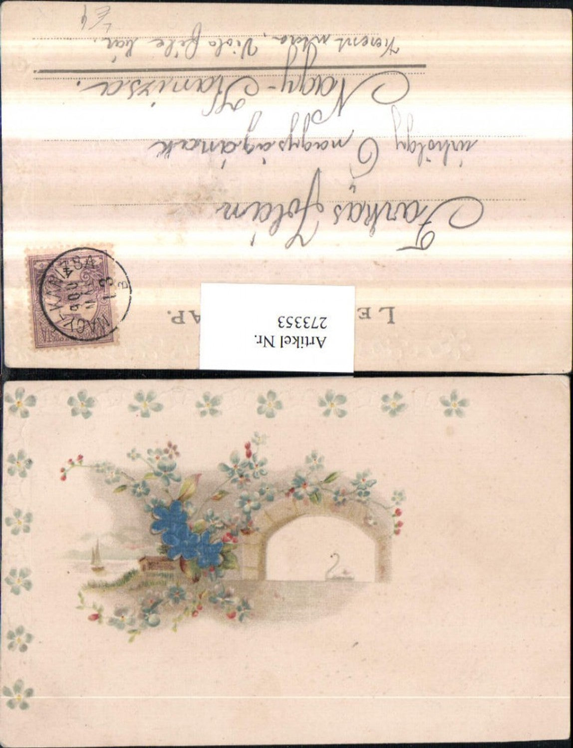 273353,Künstler Präge Litho AK Steintor Tor Schwan Segelboot Blumen Vergissmeinnicht