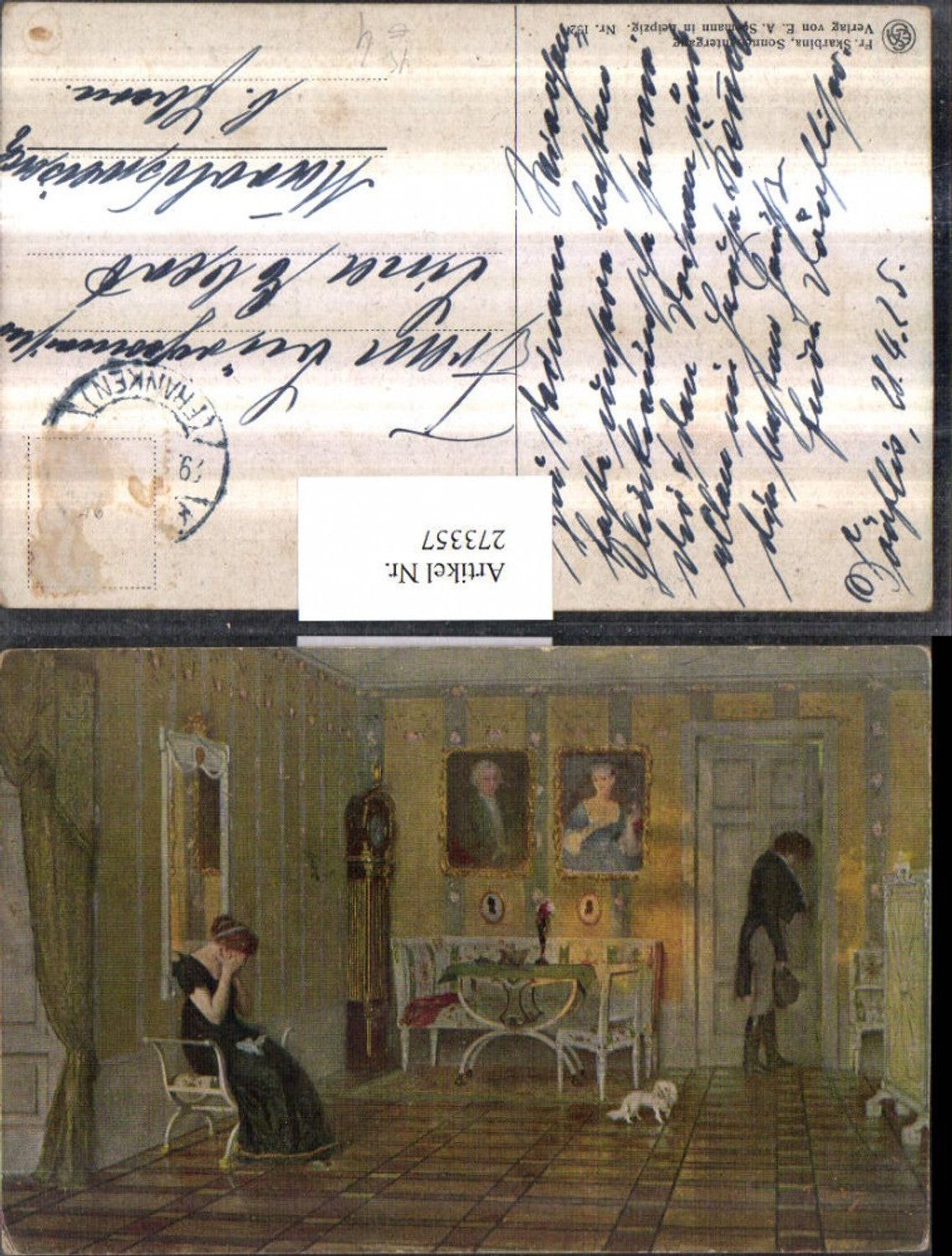 273357, Artist AK Fr. Skarbina Sunset Woman in dress crying Man walks out the door Grandfather clock Pictures