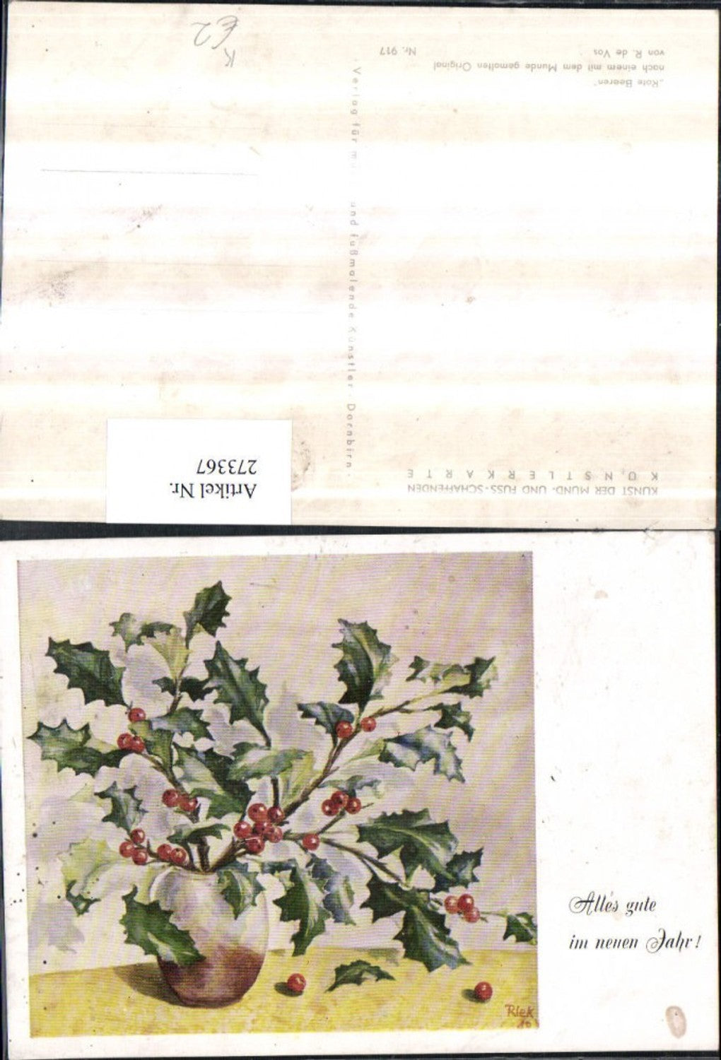 273367,Künstler AK Riek De Vos Mundgemalt Rote Beeren Stechpalmen Vase