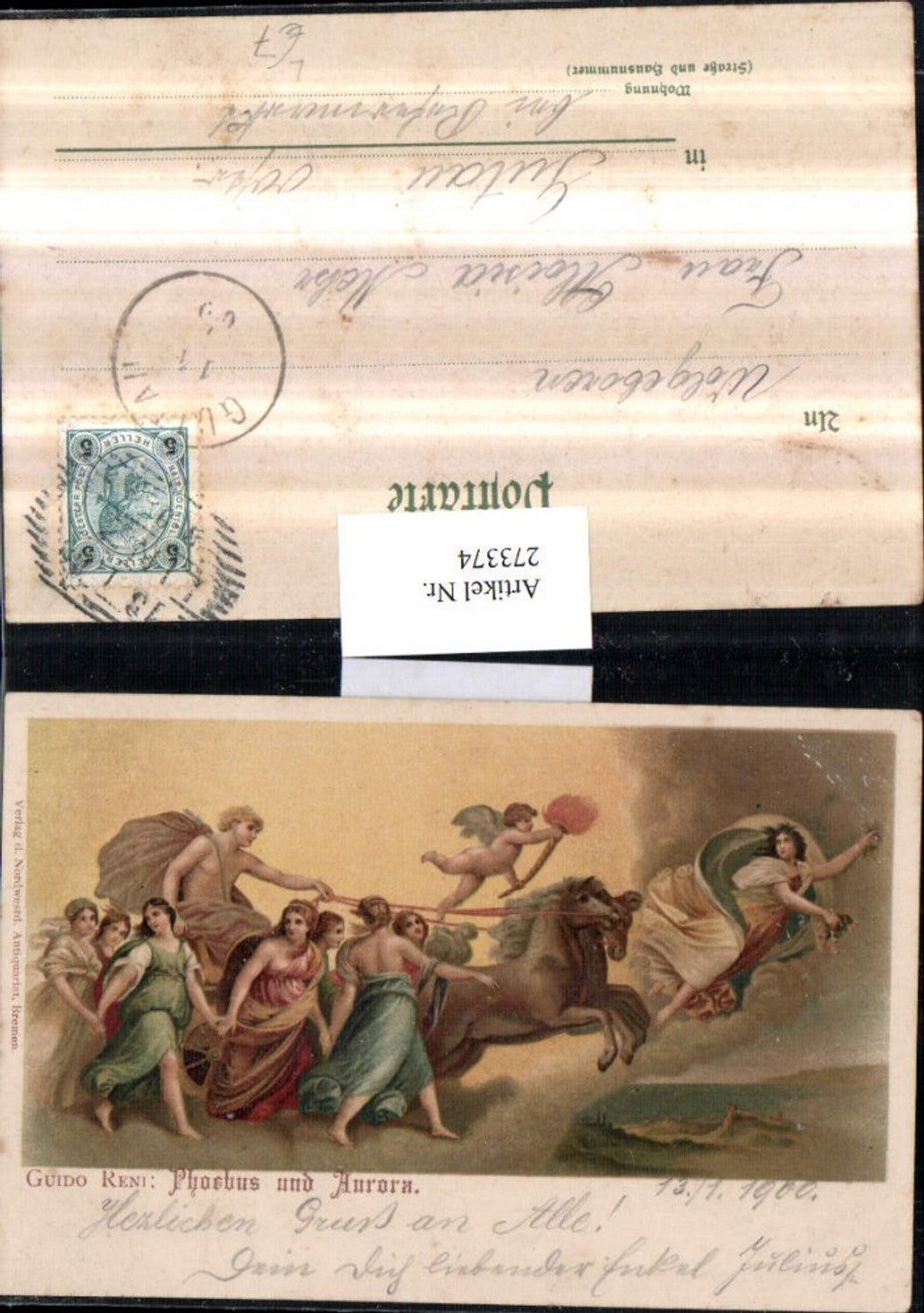273374,Künstler Litho AK Guido Reni Phoebus und Aurora Frauen m. Kleider Pferdekutsche Engel