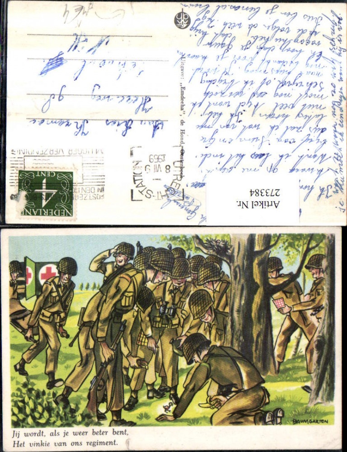 273384,Künstler AK Baumgarten Soldaten in Uniform Gewehre Rotes Kreuz Sanitäter