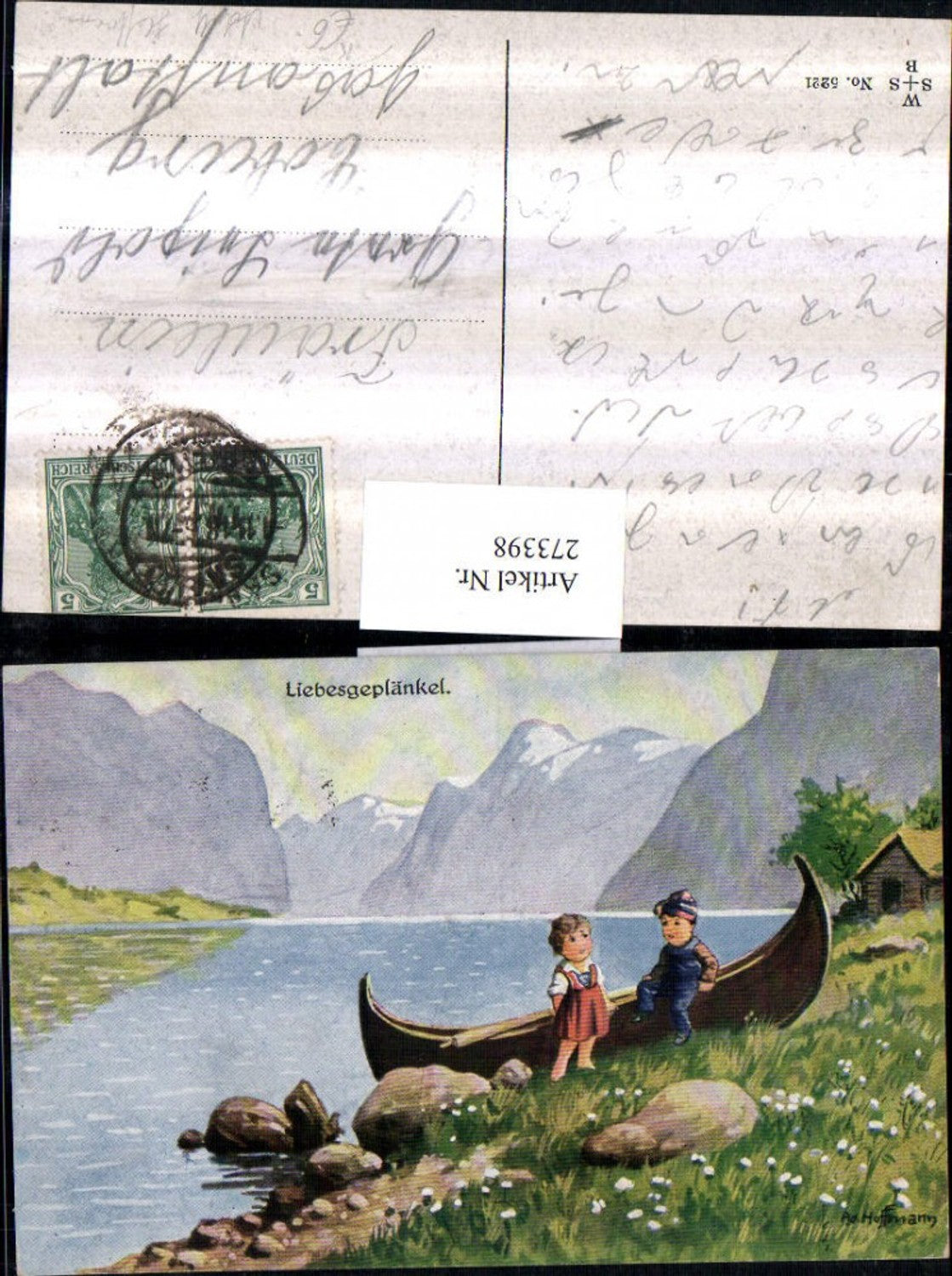 273398,Künstler AK Adolf Hoffmann Liebesgeplänkel Kinder Ruderboot Boot Bergkulisse