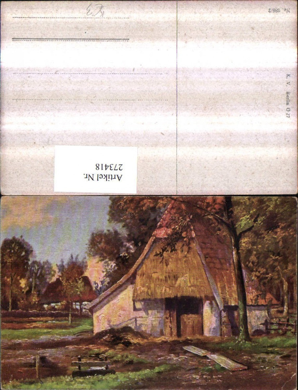273418,Künstler AK Stall Haus Bäume Partie