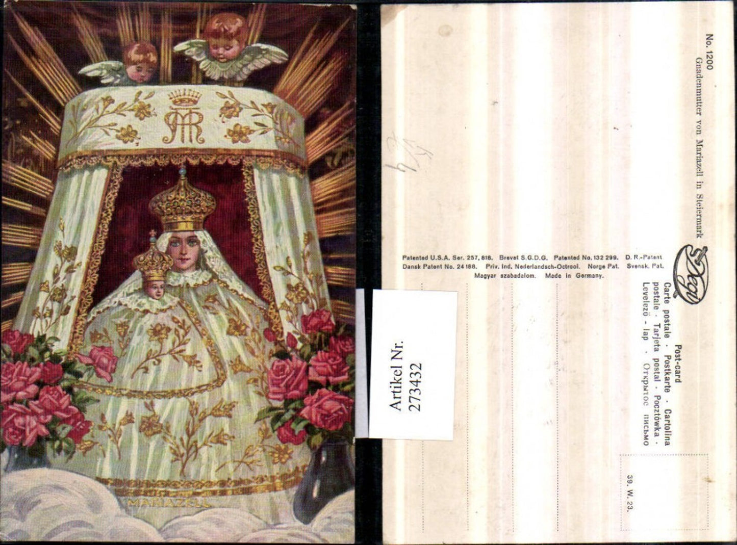 273432,Degi AK 1200 Artist card Our Lady of Mariazell Detail view Angel heads Roses
