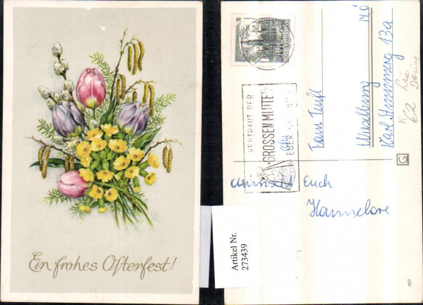 273439,Künstler AK Lia Döring Ostern Blumenstrauß Blumen Himmelschlüssel Tulpen Palmkätzchen Birkenkätzchen
