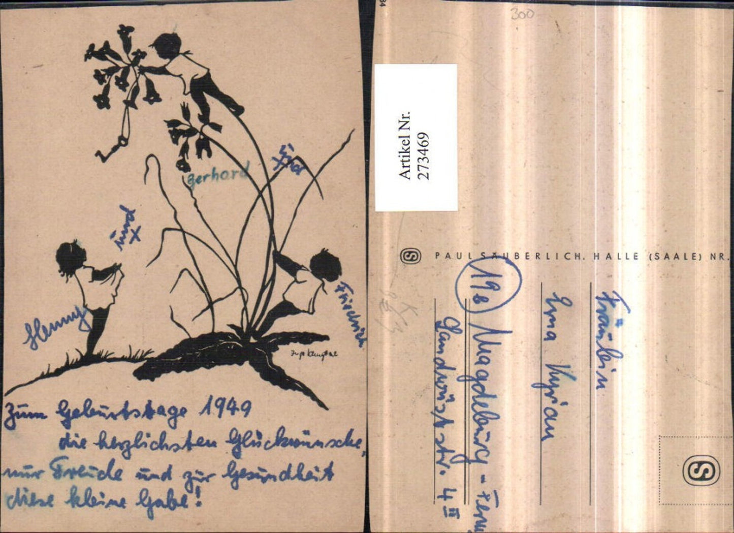 273469,Künstler AK Scherenschnitt Silhouette Inge Kinder Himmelschlüssel Blumen