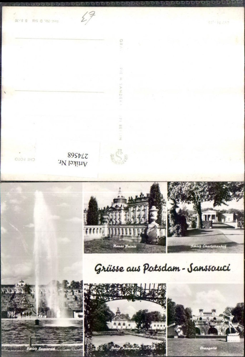 274568, Greetings from Potsdam Sanssouci Palace Fountain Palace Orangery Chambers Multi-view postcard