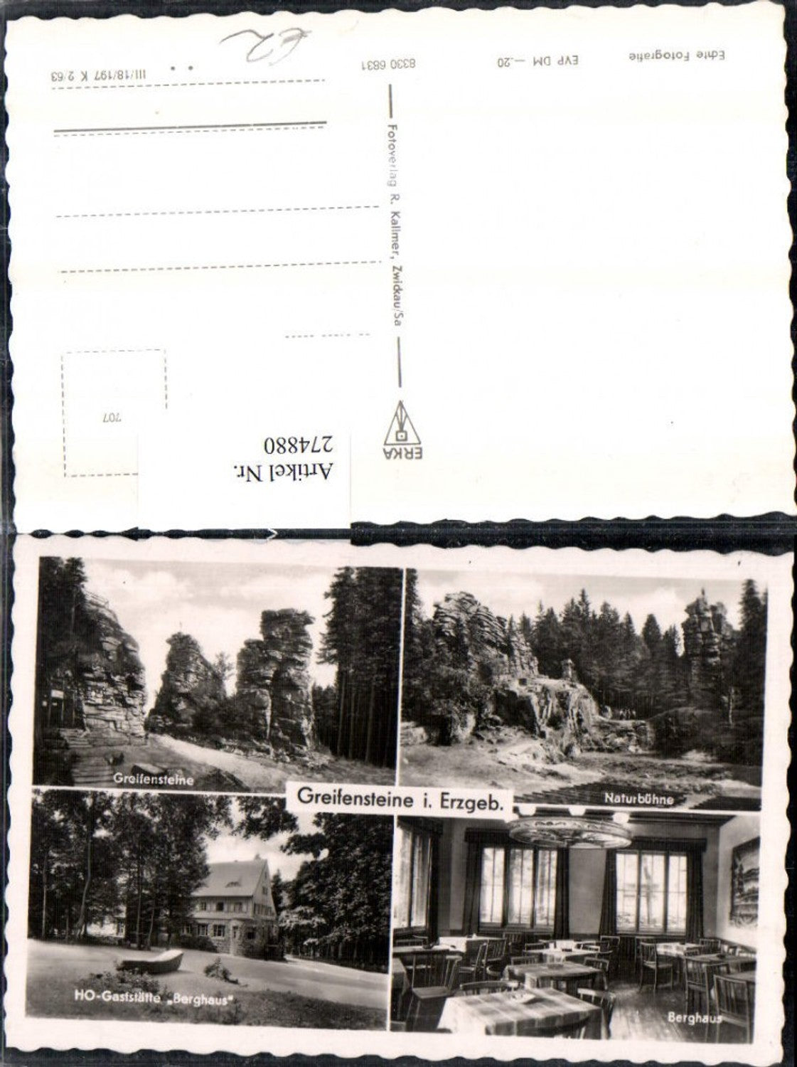 274880, Greifensteine in the Ore Mountains, open-air stage, HO-Gaststätte Berghaus (restaurant), multi-view postcard