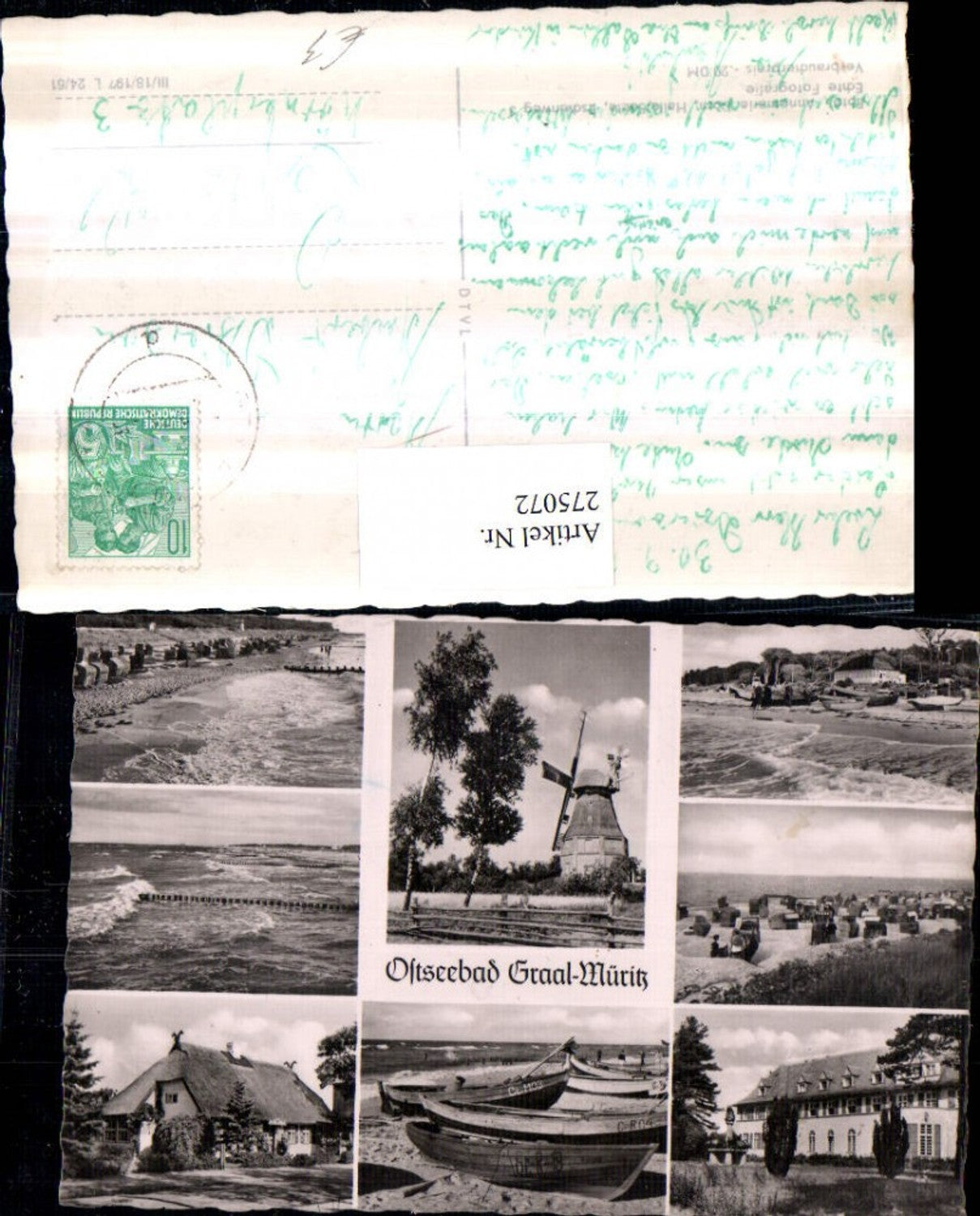 275072,Ostseebad Graal-Müritz Strand Strandkörbe Ruderboote Boote Windmühle Mehrbildkarte