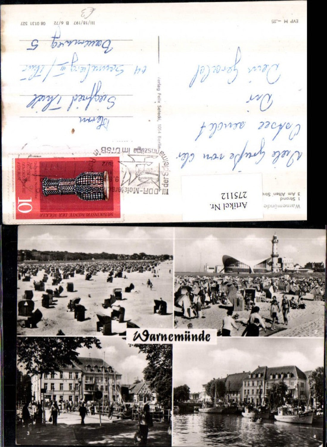 275112,Warnemünde Teepott Strand Strom Strandleben Strandkörbe Fischerboote Mehrbildkarte