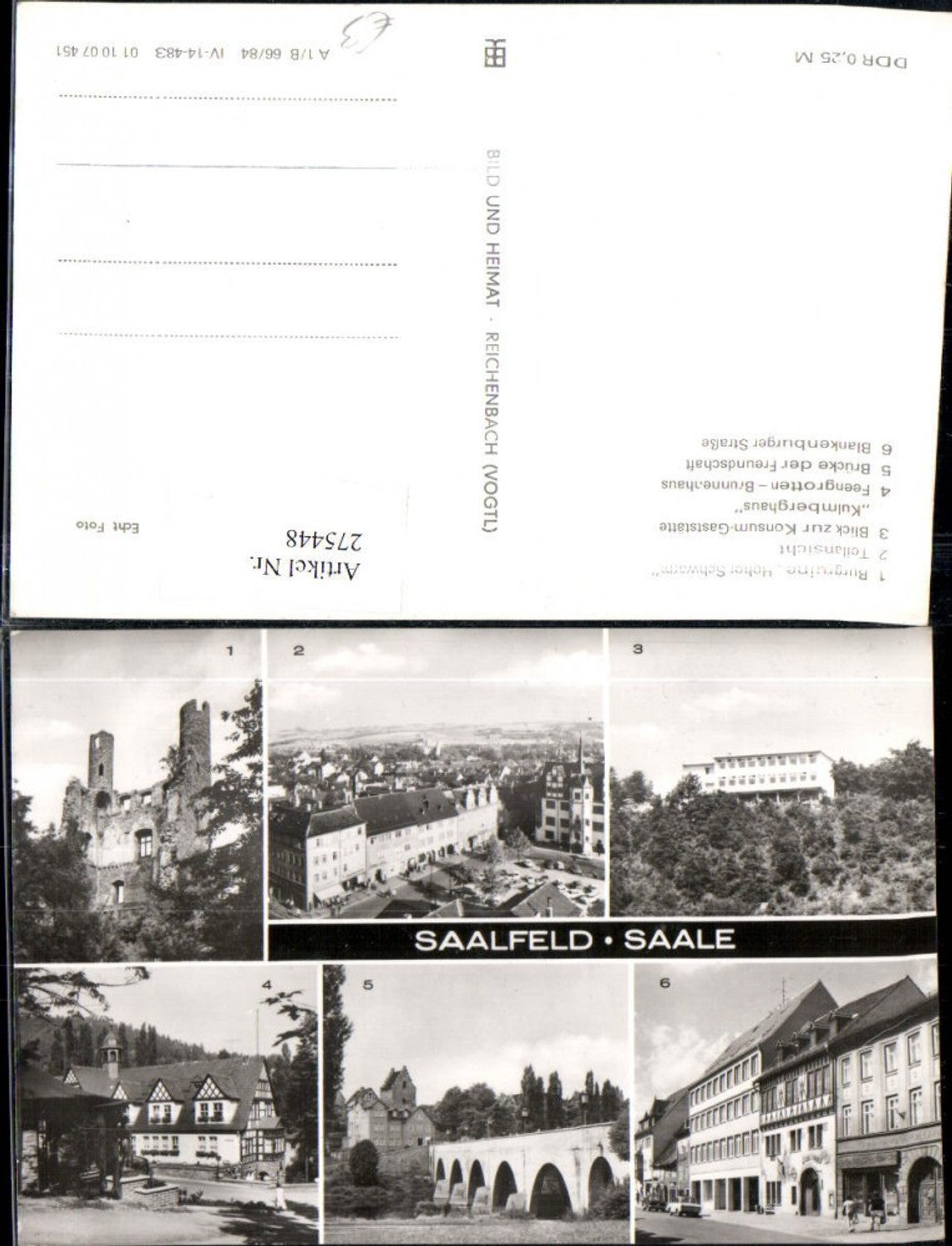 275448, Saalfeld an der Saale, Total castle ruins, Kulmberghaus restaurant, Fairy Grotto, Bridge, Multi-view postcard