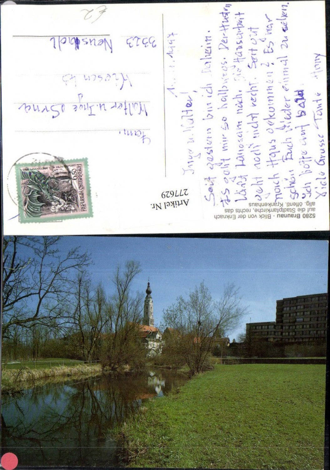 277629,Braunau Blick von d. Enknach auf d. Stadtpfarrkirche Kirche u. Krankenhaus