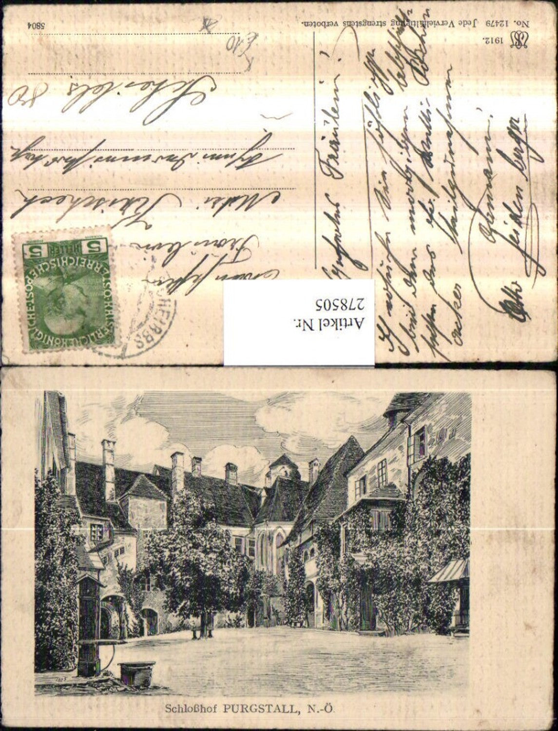 278505,Künstler AK Zeichnung Schlosshof Purgstall Hof Brunnen