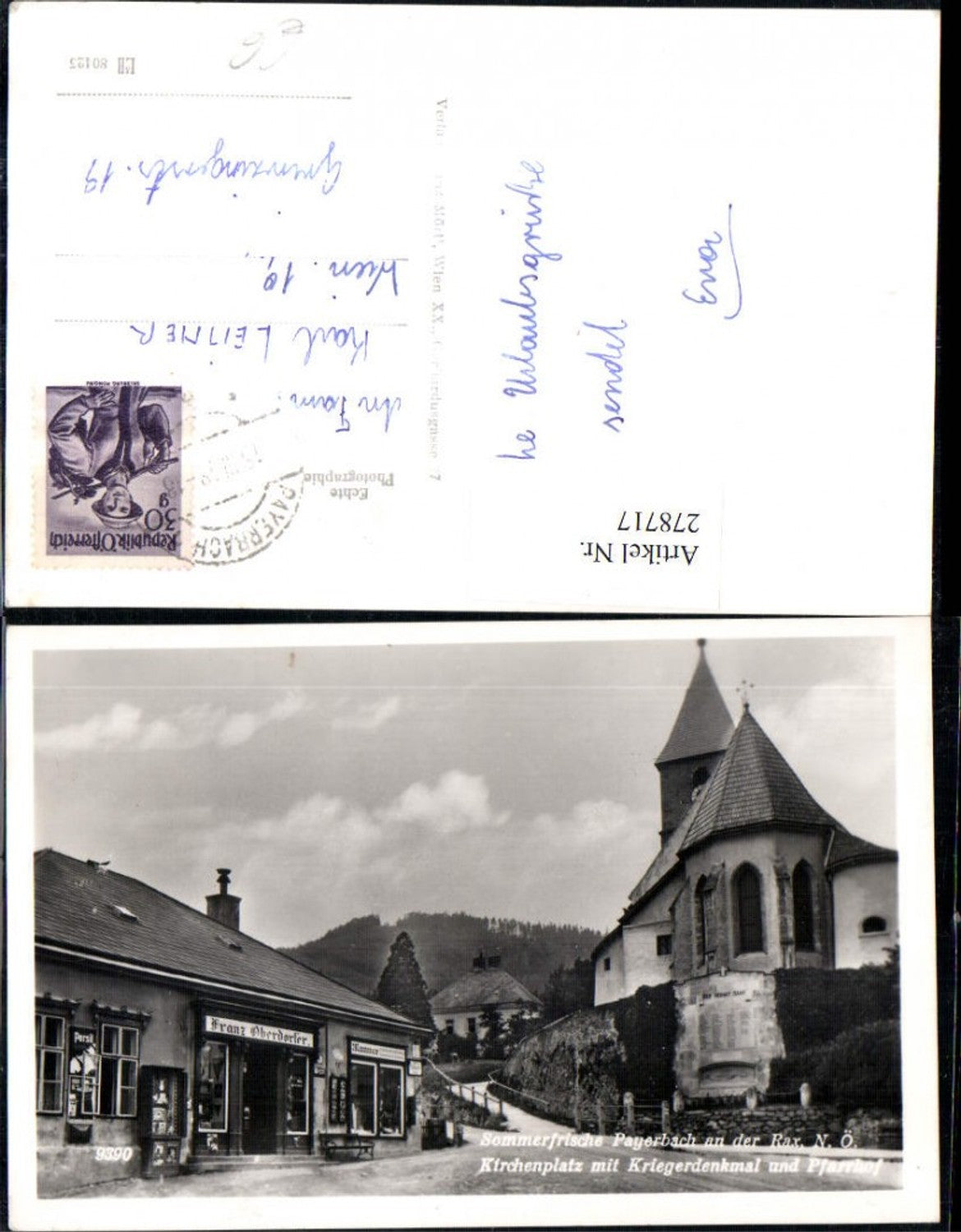 278717, Payerbach an der Rax, church square with war memorial and parish church, Franz Oberdorfer