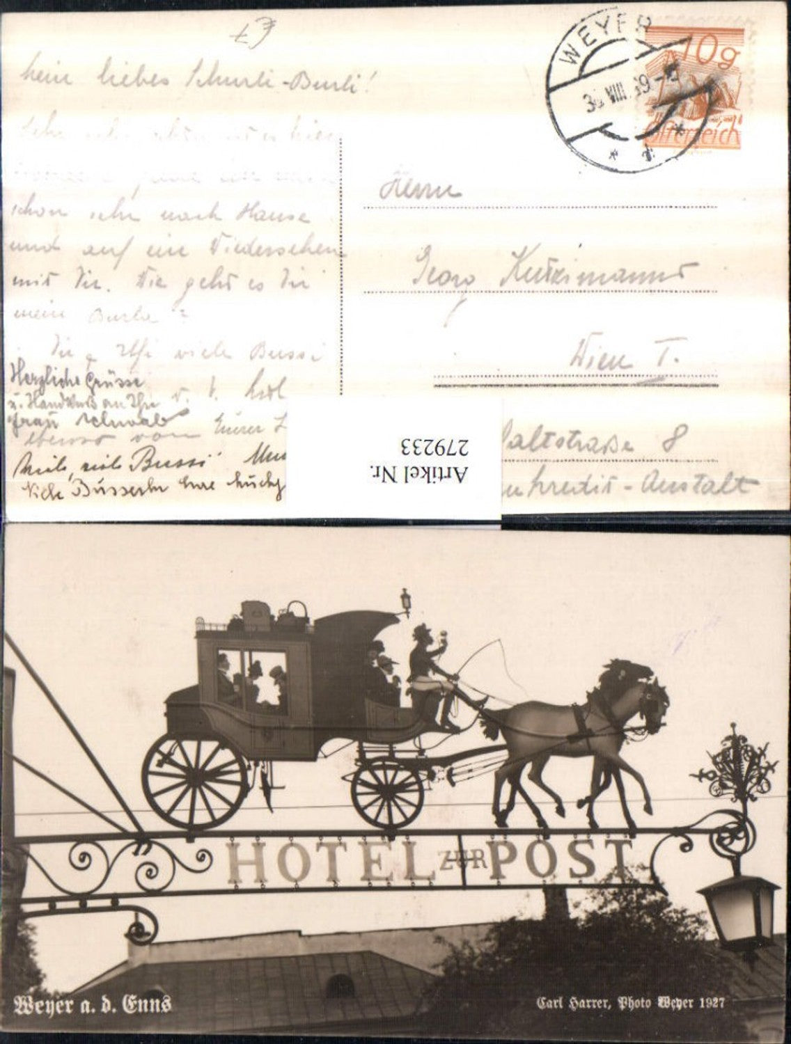 279233,Weyer an d. Enns Hotel zur Post Pferdekutsche Kutsche Detailansicht pub Carl Harrer 1927