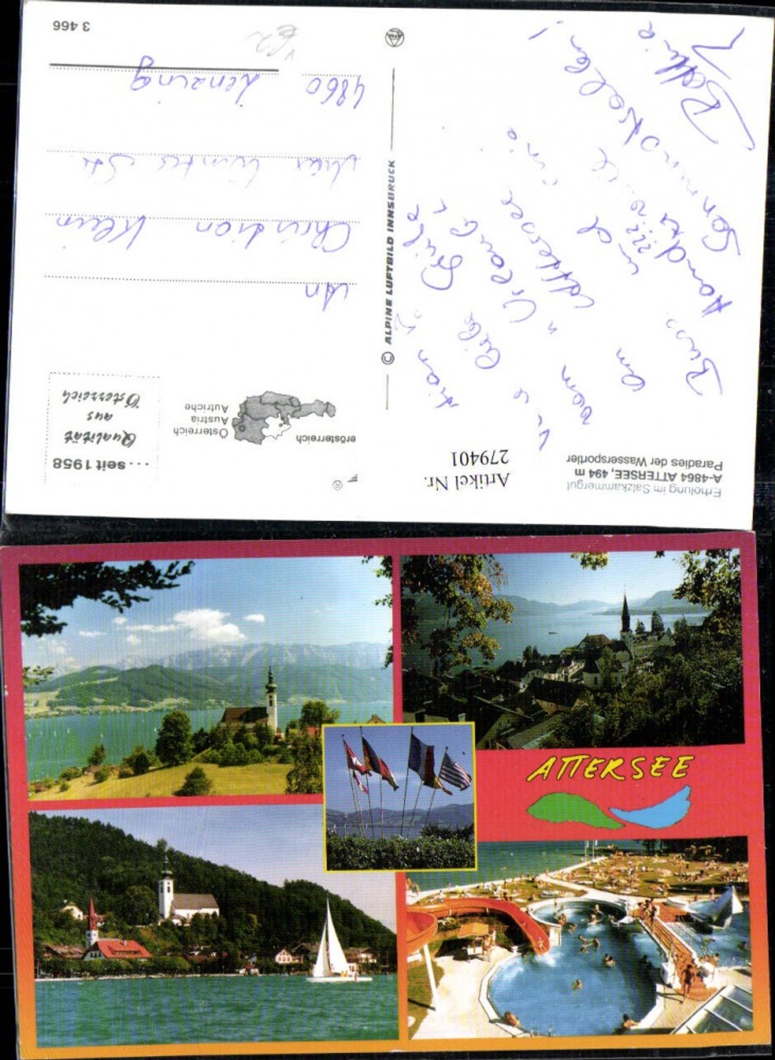 279401,Attersee Kirche Schwimmbad Freibad Segelboot Flaggen Mehrbildkarte pub Alpine Luftbild 3466