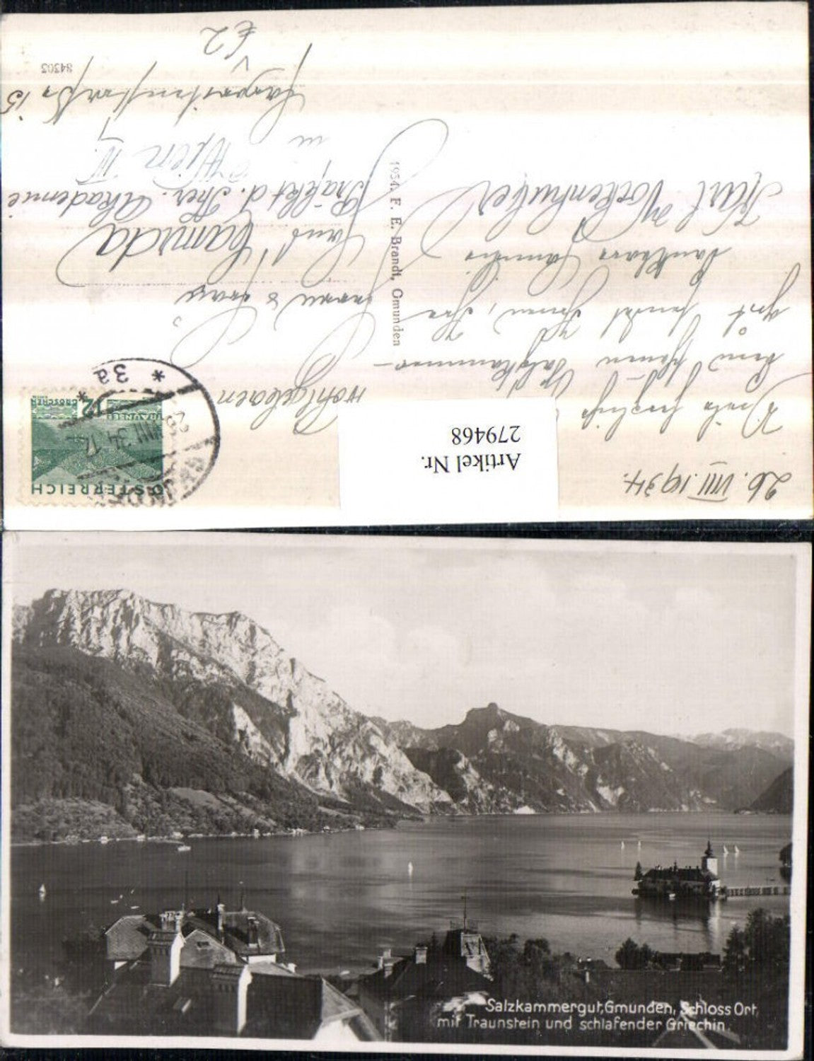 279468,Gmunden Schloss Orth m. Traunstein u. Schlafender Griechin Bergkulisse pub F. E. Brandt